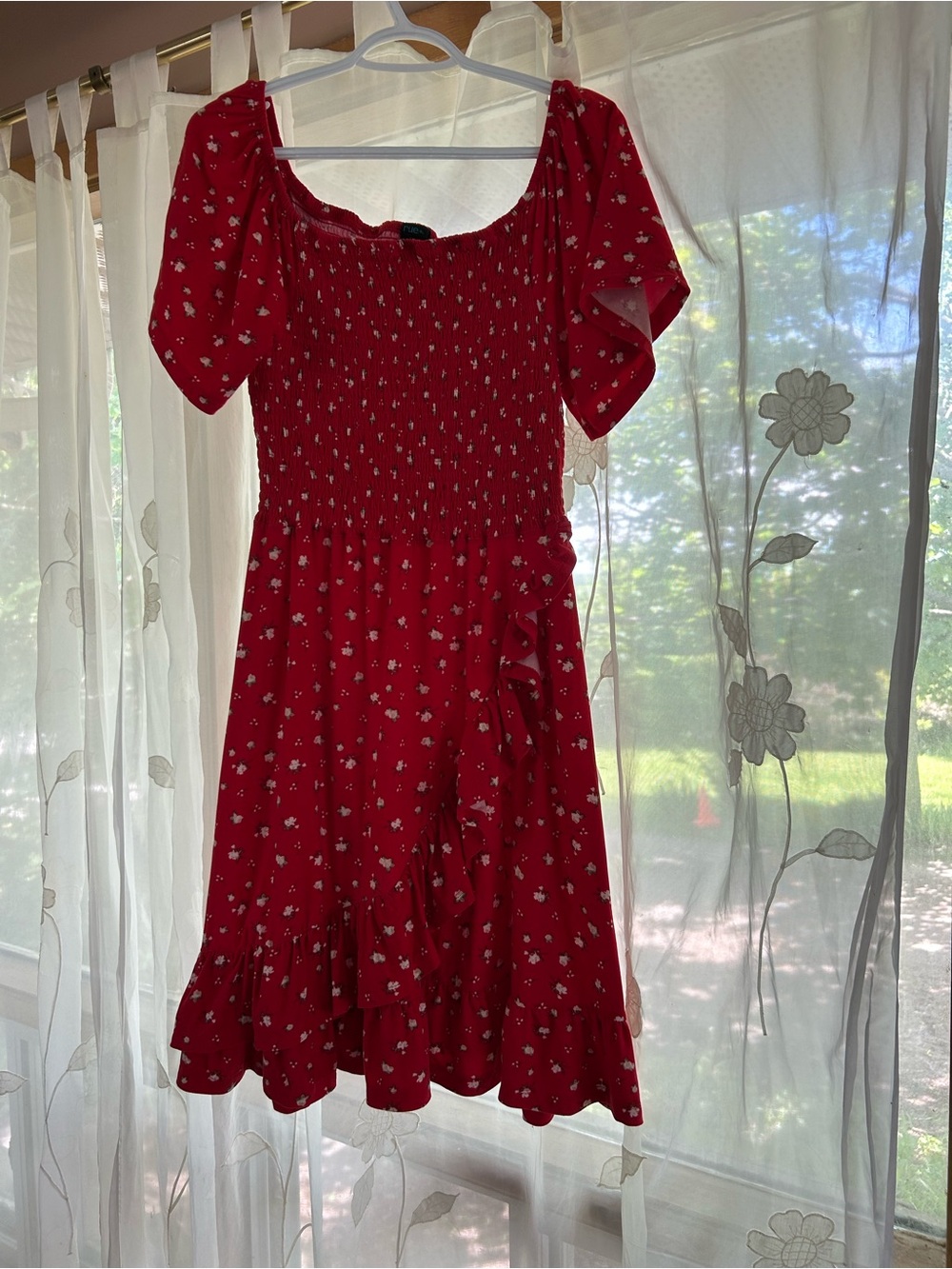 Red Floral Midi Dress with Smocked Bodice